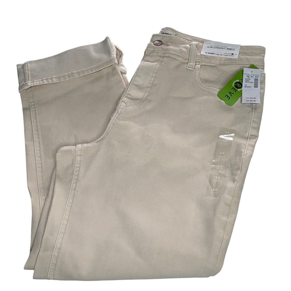 NWT Maurices Slim Straight Ankle Jeans 14 Short High Rise Tan Khaki Coded Chic
